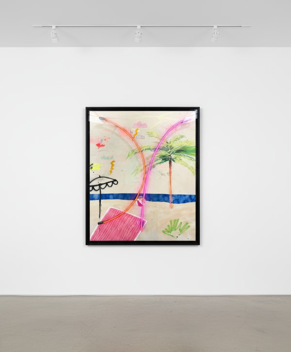 Vincent Chung - cancun's for losers!, 2024, Acrylic , oil pastel , pastel , spray paint , dirt and neon on sewn canvas