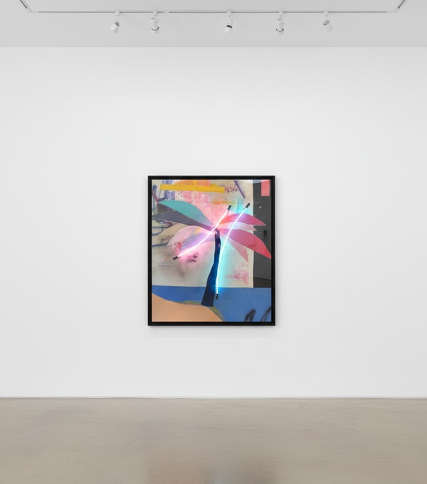 Vincent Chung - Lavender and Velvet, 2018, Acrylic, oil stick, pen, oil pastel, spray paint, vegetable oil, neon on sewn c...