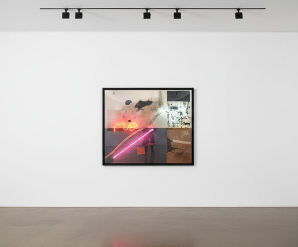 Vincent Chung - Singing After Dark, 2019, Leather staining, cardboard, felt, dirt, burnt rubber and nneon on sewn dyed canvas