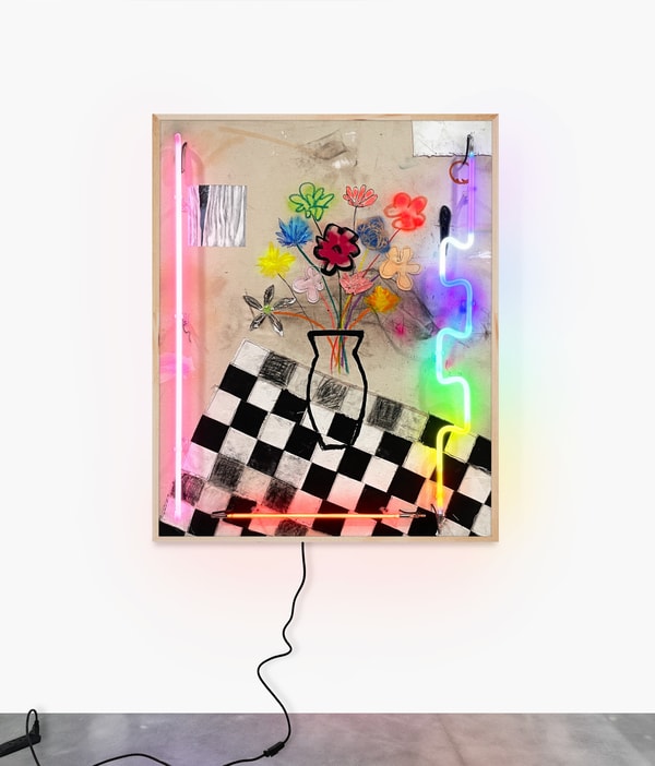 Vincent Chung - We Were Just Kids Playing In The Rain, 2023, Acrylic, spray paint, oil sticks, chalk pastel, dirt and neon...