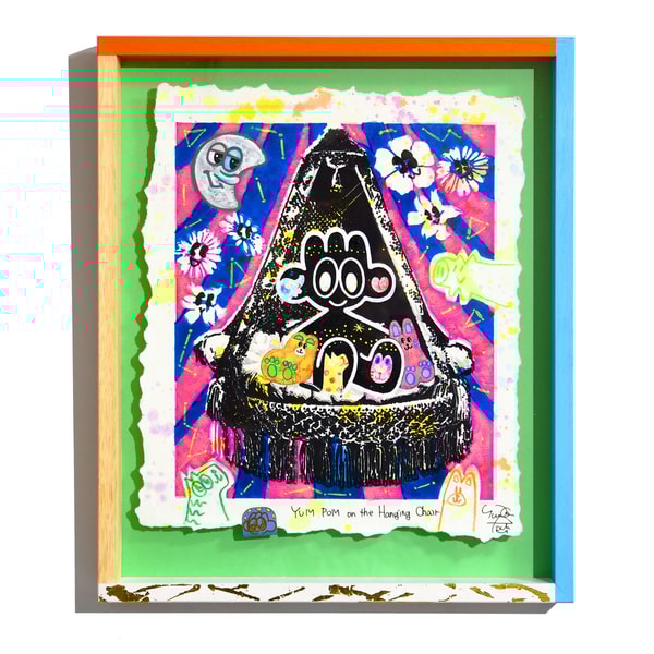 Yusuke Toda - YUM POM on the Hanging Chair, 2025, Mixed media on U.S. cotton paper, 
framed with an original frame.