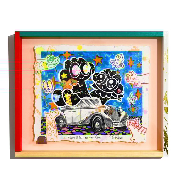 Yusuke Toda - YUM RIN on the Car, 2025, Mixed media on U.S. cotton paper, 
framed with an original frame.